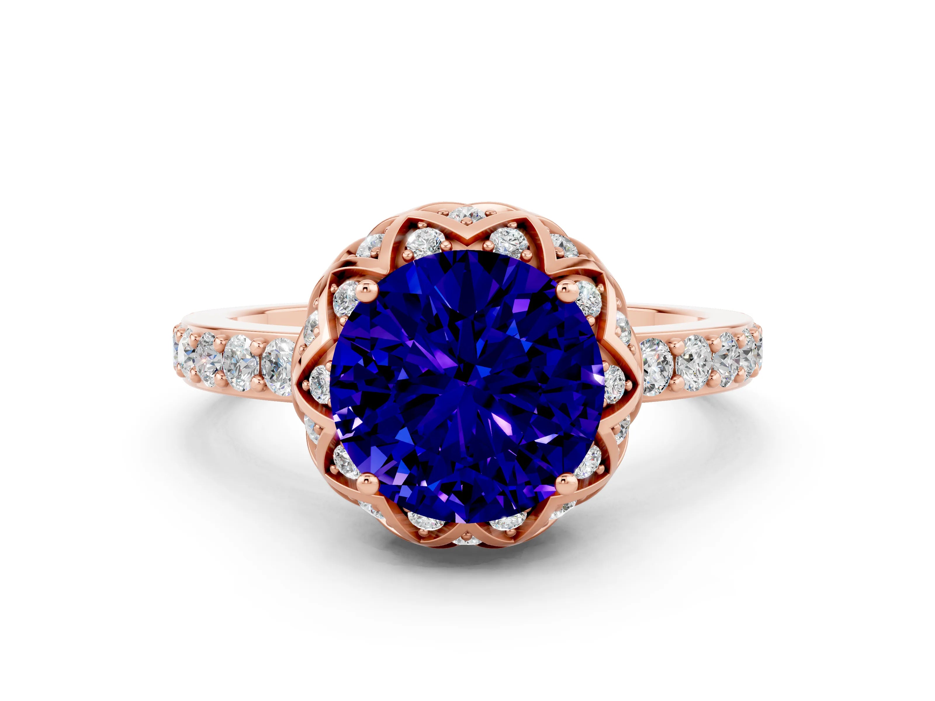 Rose gold Round Cut Diamond Solitaire Ring with Shared Prong Pavé Band