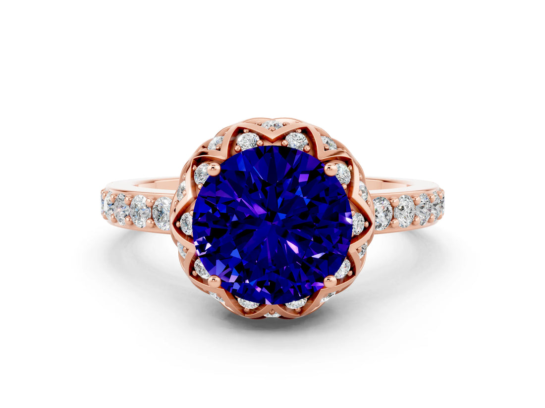 Rose gold Round Cut Diamond Solitaire Ring with Shared Prong Pavé Band