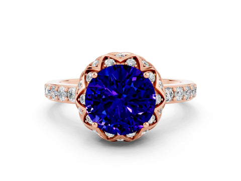 Rose gold Round Cut Diamond Solitaire Ring with Shared Prong Pavé Band