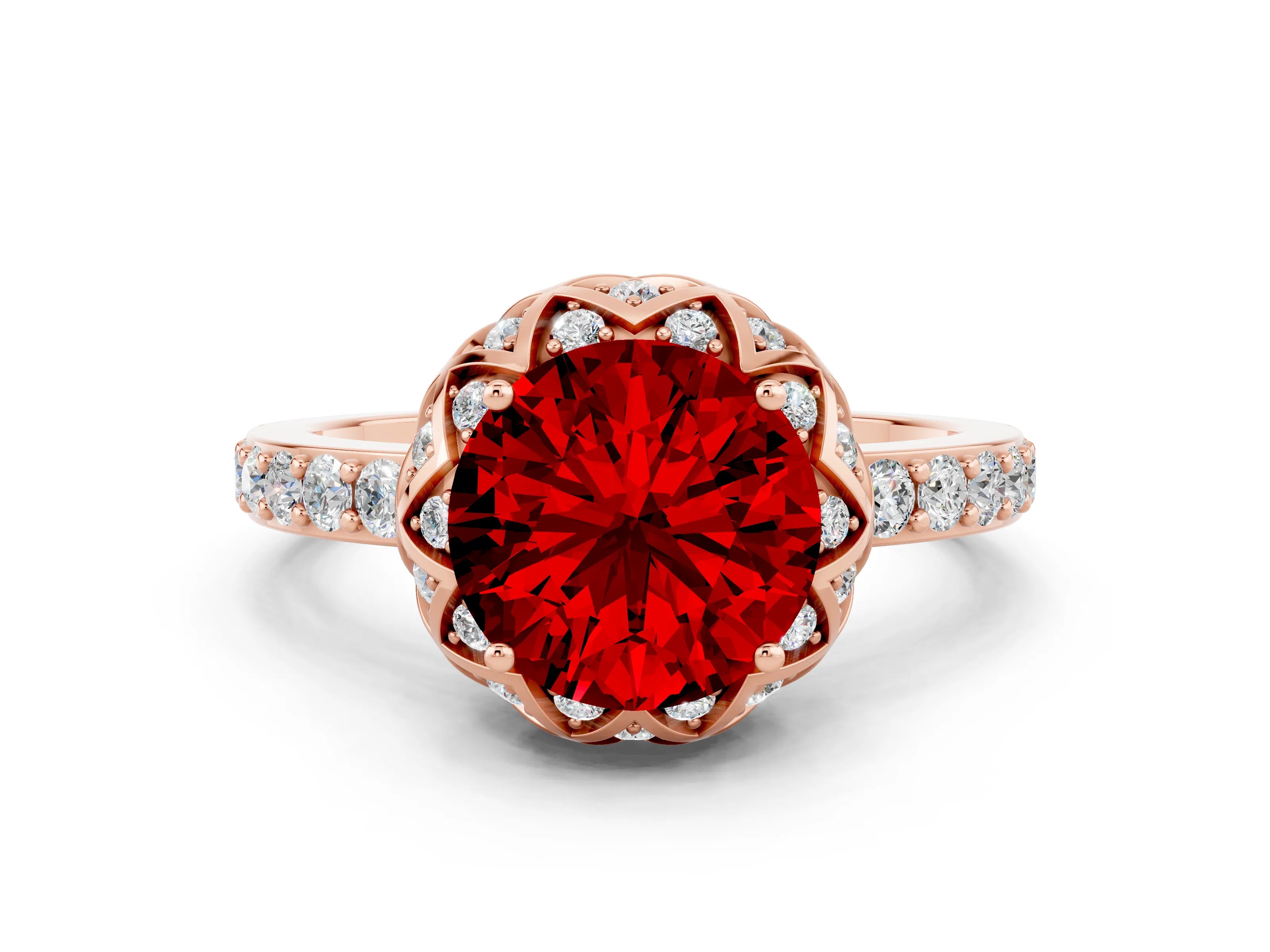 Rose gold Round Cut Diamond Solitaire Ring with Shared Prong Pavé Band