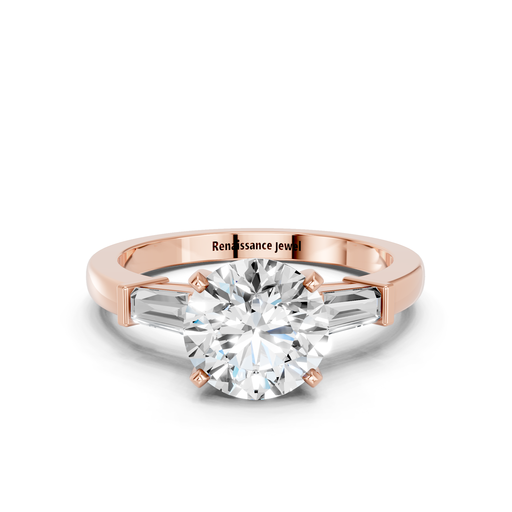 Rose gold Round Cut Diamond Solitaire Ring with Tapered Baguette Accents and Four-Prong Setting_12