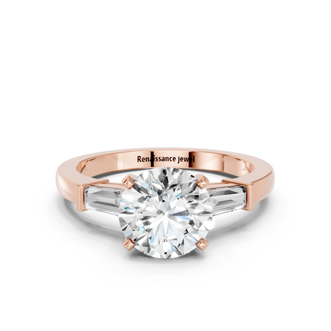 Rose gold Round Cut Diamond Solitaire Ring with Tapered Baguette Accents and Four-Prong Setting_12