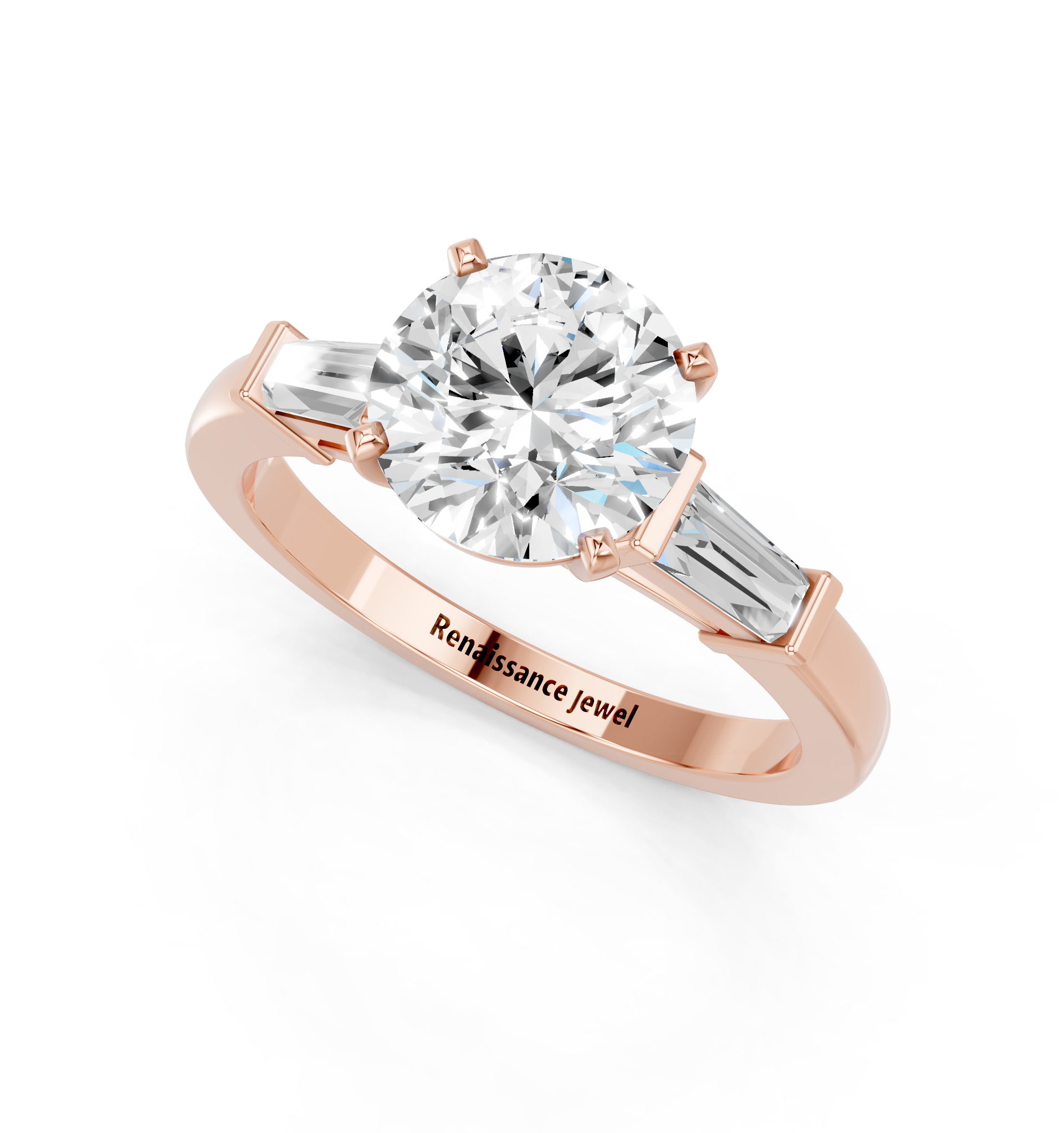 Rose gold Round Cut Diamond Solitaire Ring with Tapered Baguette Accents and Four-Prong Setting_4