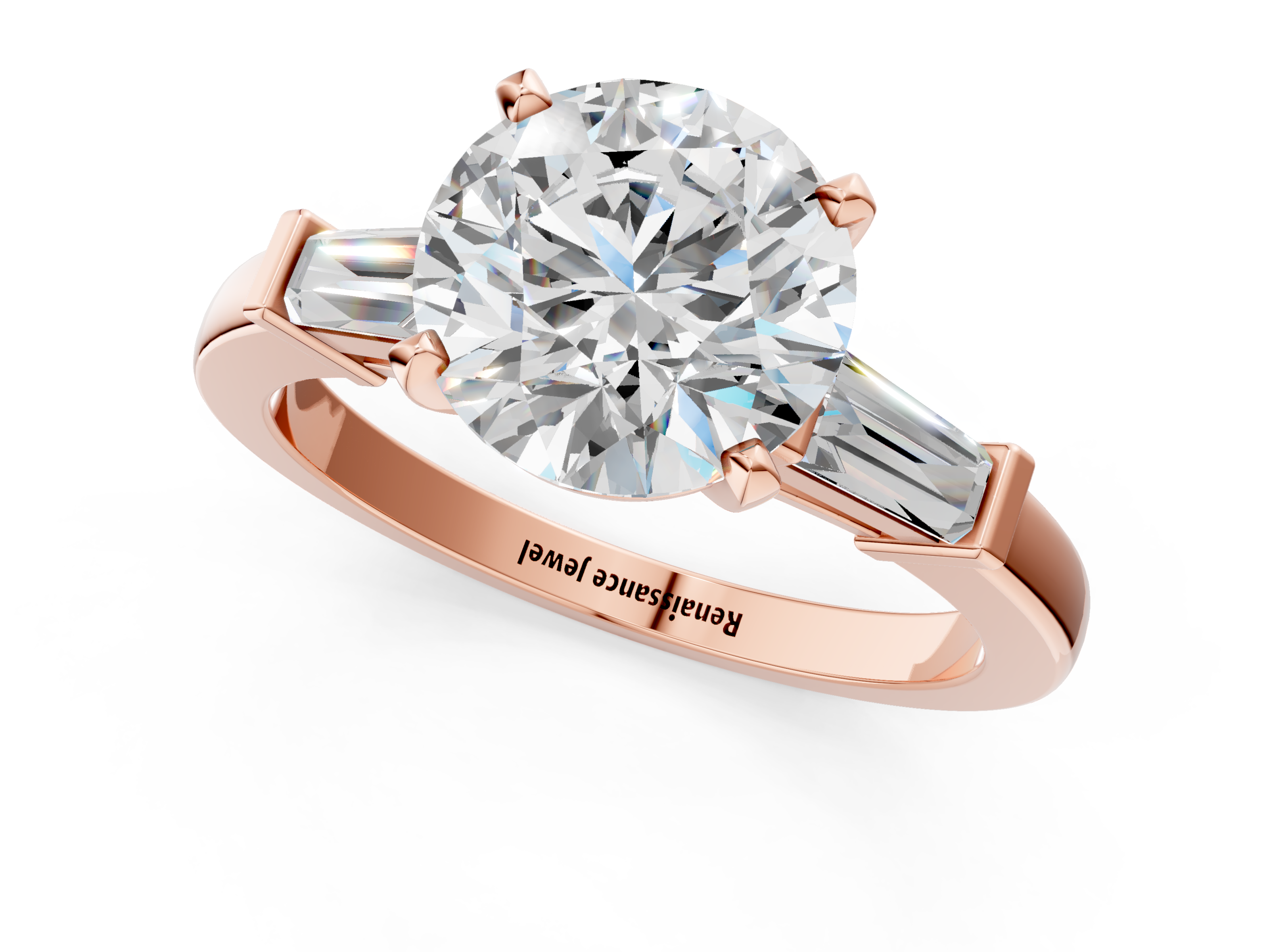 Rose gold Round Cut Diamond Solitaire Ring with Tapered Baguette Accents and Four-Prong Setting_90