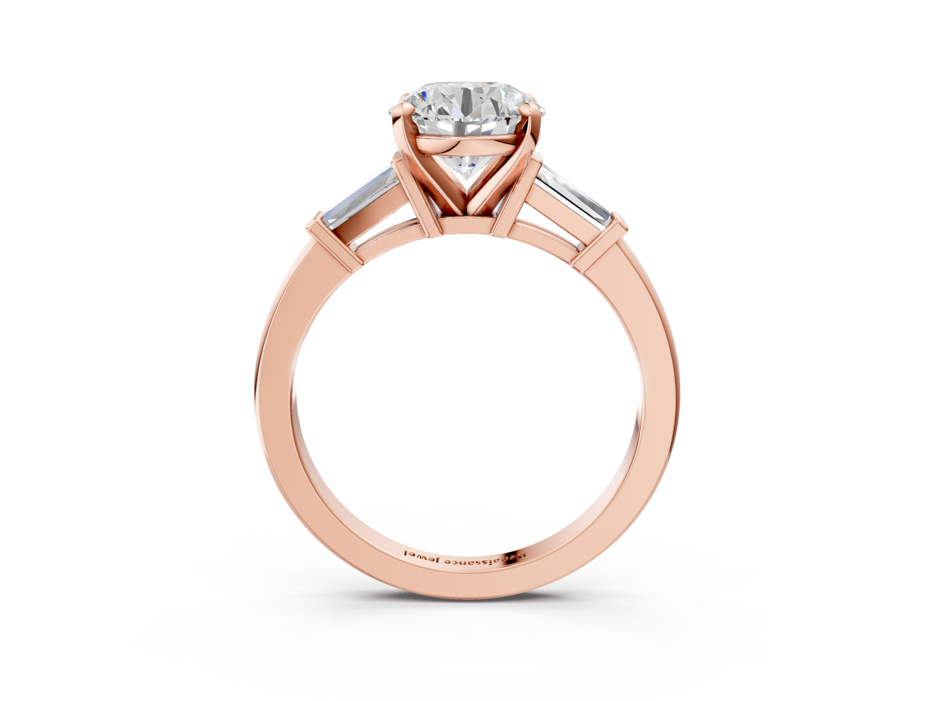 Rose gold Round Cut Diamond Solitaire Ring with Tapered Baguette Accents and Four-Prong Setting_92