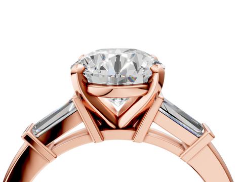 Rose gold Round Cut Diamond Solitaire Ring with Tapered Baguette Accents and Four-Prong Setting_93