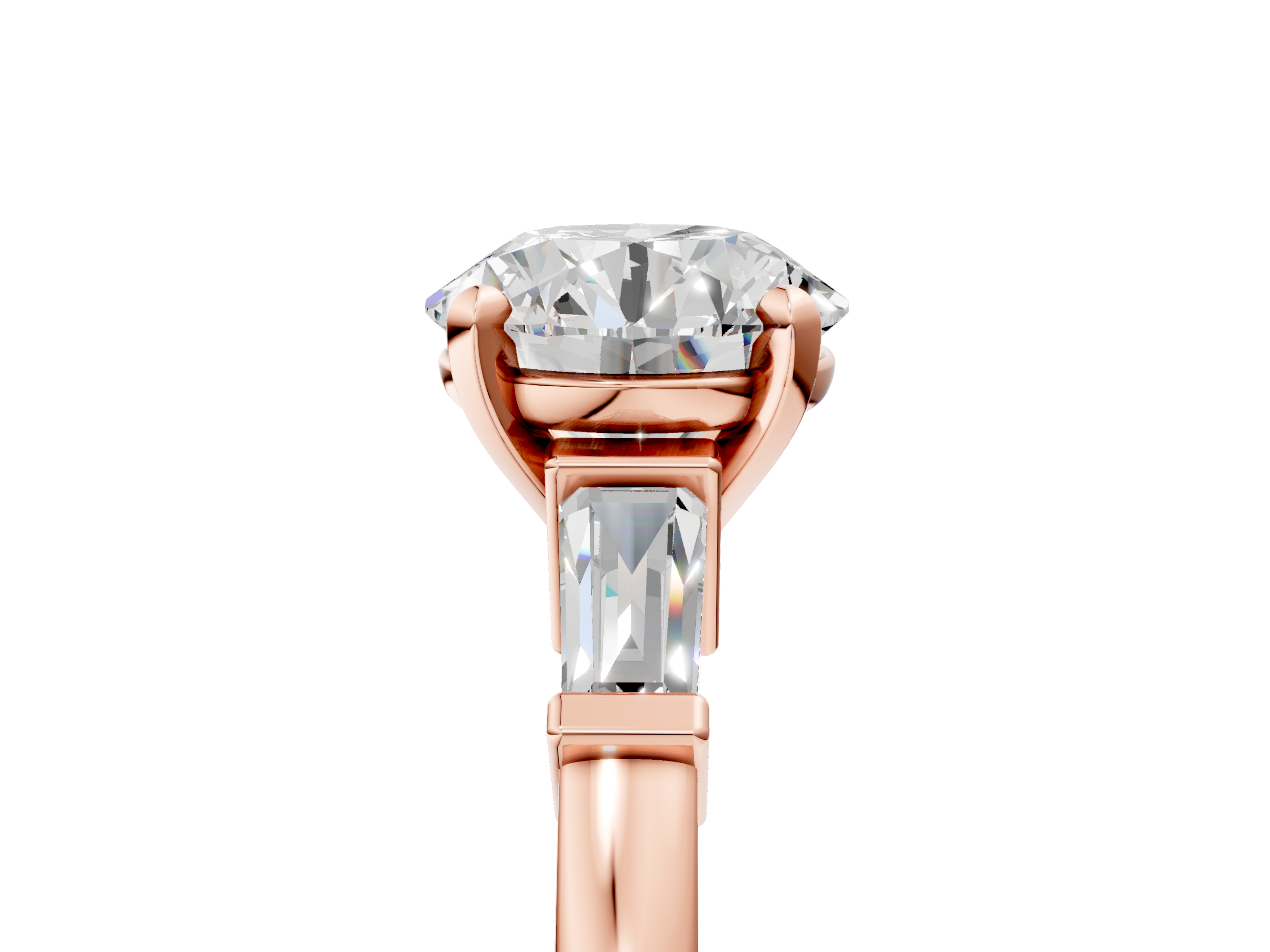 Rose gold Round Cut Diamond Solitaire Ring with Tapered Baguette Accents and Four-Prong Setting_94