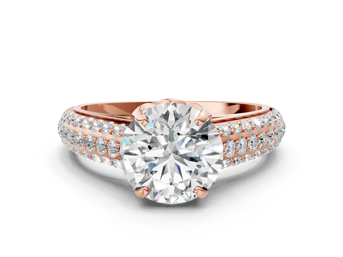 Rose gold Round Cut Diamond Solitaire Ring with Three-Row Pavé Band and Four-Prong Setting_39