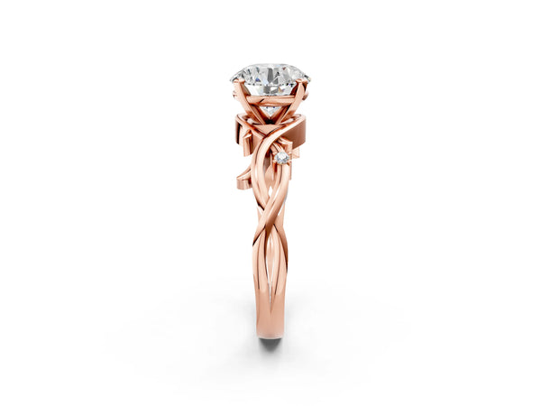 Rose Gold Round Solitaire Engagement Ring Setting with Vine Twist Band, Leaf Curls and Accents