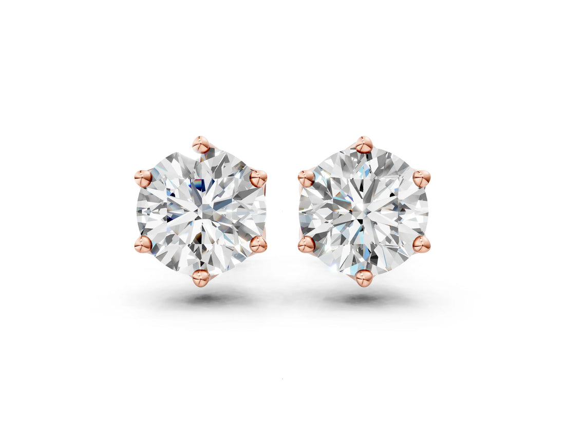 Rose gold Round Cut Diamond Solitaire Stud Earrings with Six-Prong Floral Setting_6