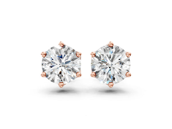 Rose gold Round Diamond Six Prong Flower Petal Solitaire Stud Earrings