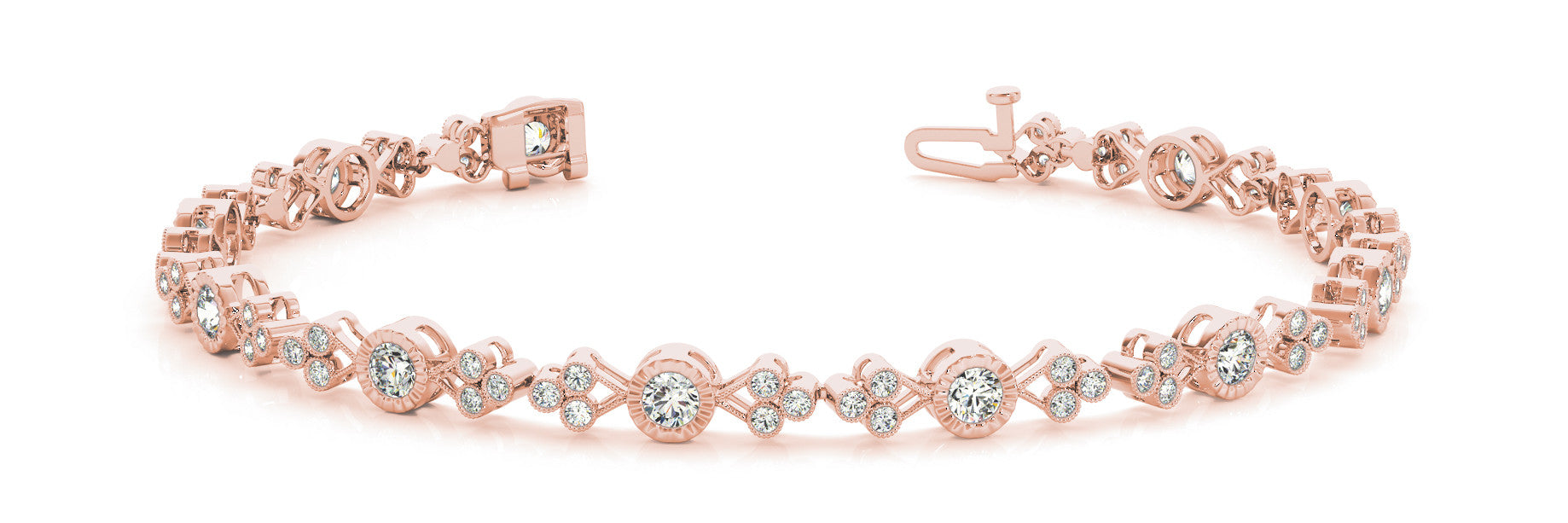 Rose gold Round Cut Diamond Tennis Bracelet with Bezel Setting and Milgrain Band