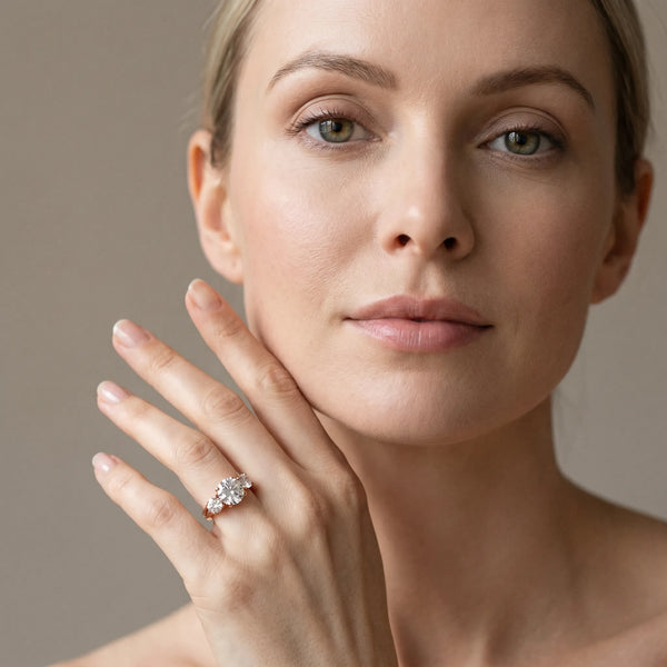 Rose gold Round Cut Diamond Three-Stone Ring with Channel Set Band and Four-Prong Setting