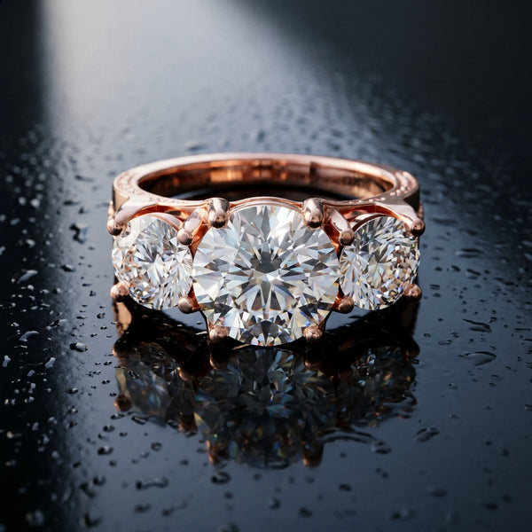 Rose gold Round Cut Diamond Three-Stone Ring with Channel Set Band and Four-Prong Setting