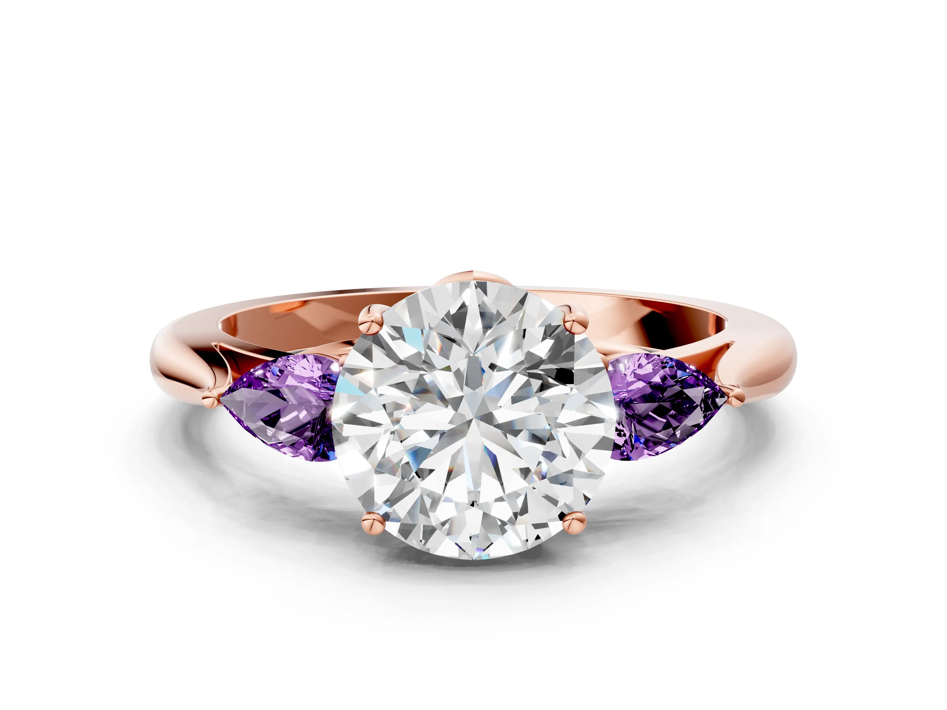 Rose gold Round Cut Diamond Three-Stone Ring with Pear with Amethyst side stone Side Stones and Prong Setting