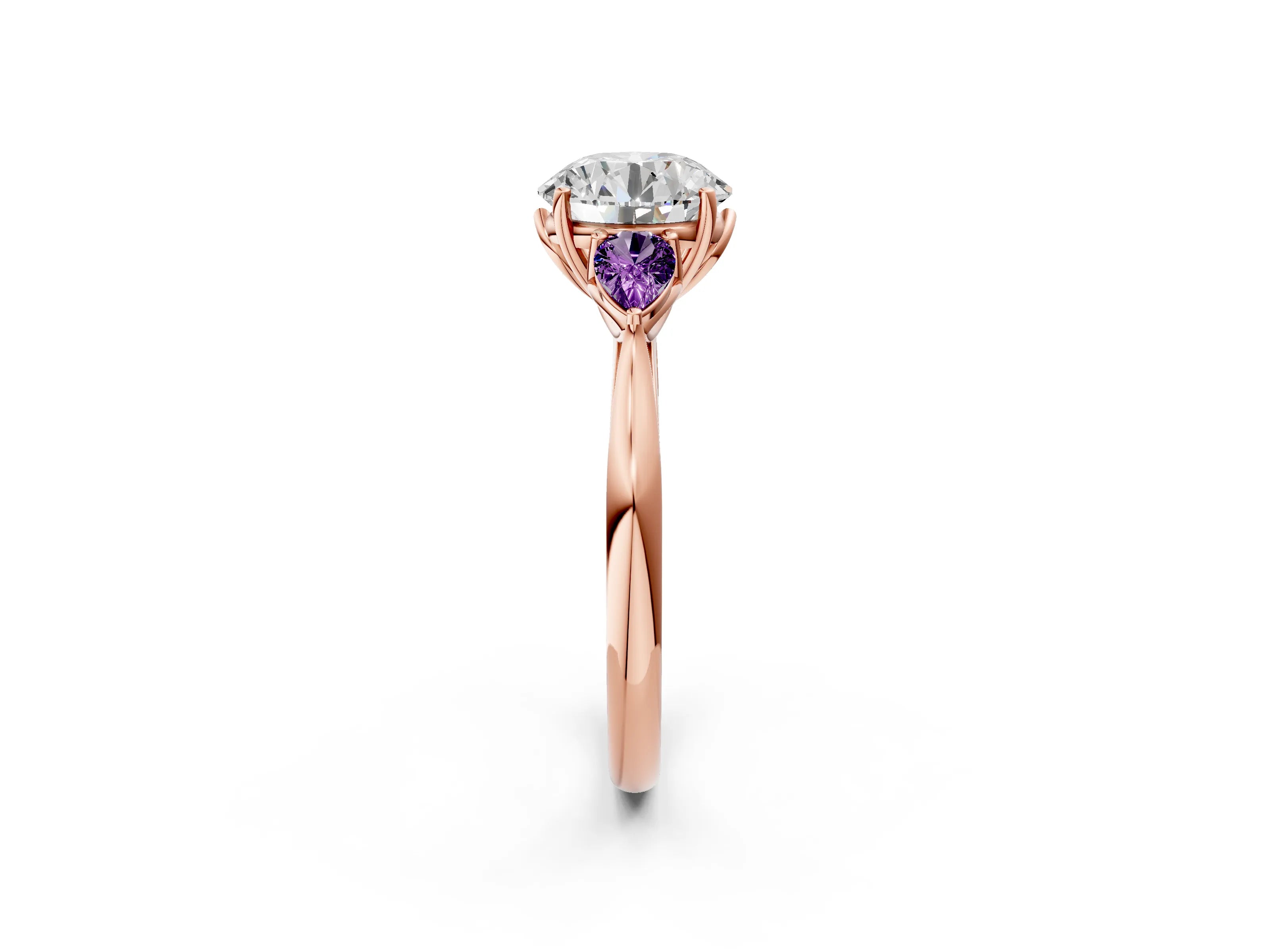 Rose gold Round Cut Diamond Three-Stone Ring with Pear with Amethyst side stone Side Stones and Prong Setting_2