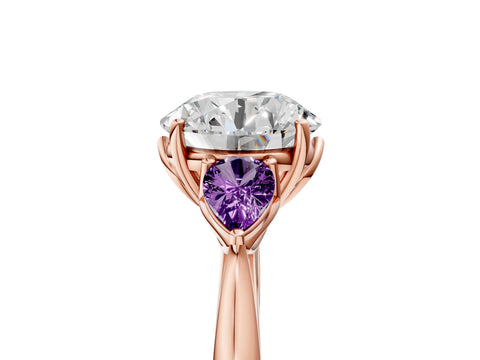 Rose gold Round Cut Diamond Three-Stone Ring with Pear with Amethyst side stone Side Stones and Prong Setting_5