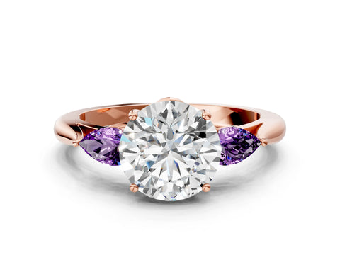 Rose gold Round Cut Diamond Three-Stone Ring with Pear with Amethyst side stone Side Stones and Prong Setting