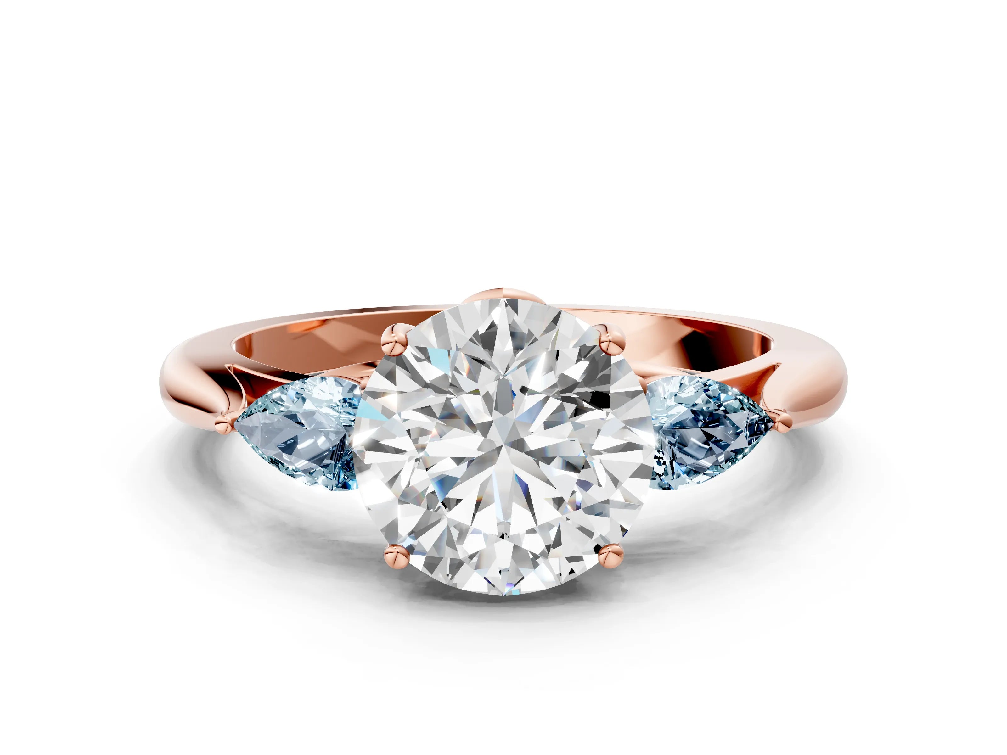Rose gold Round Cut Diamond Three-Stone Ring with Pear with Aquamarine side stone Side Stones and Prong Setting