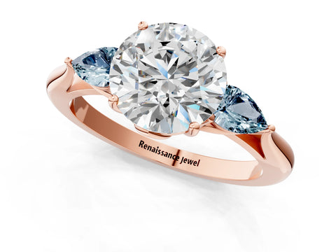 Rose gold Round Cut Diamond Three-Stone Ring with Pear with Aquamarine side stone Side Stones and Prong Setting_1