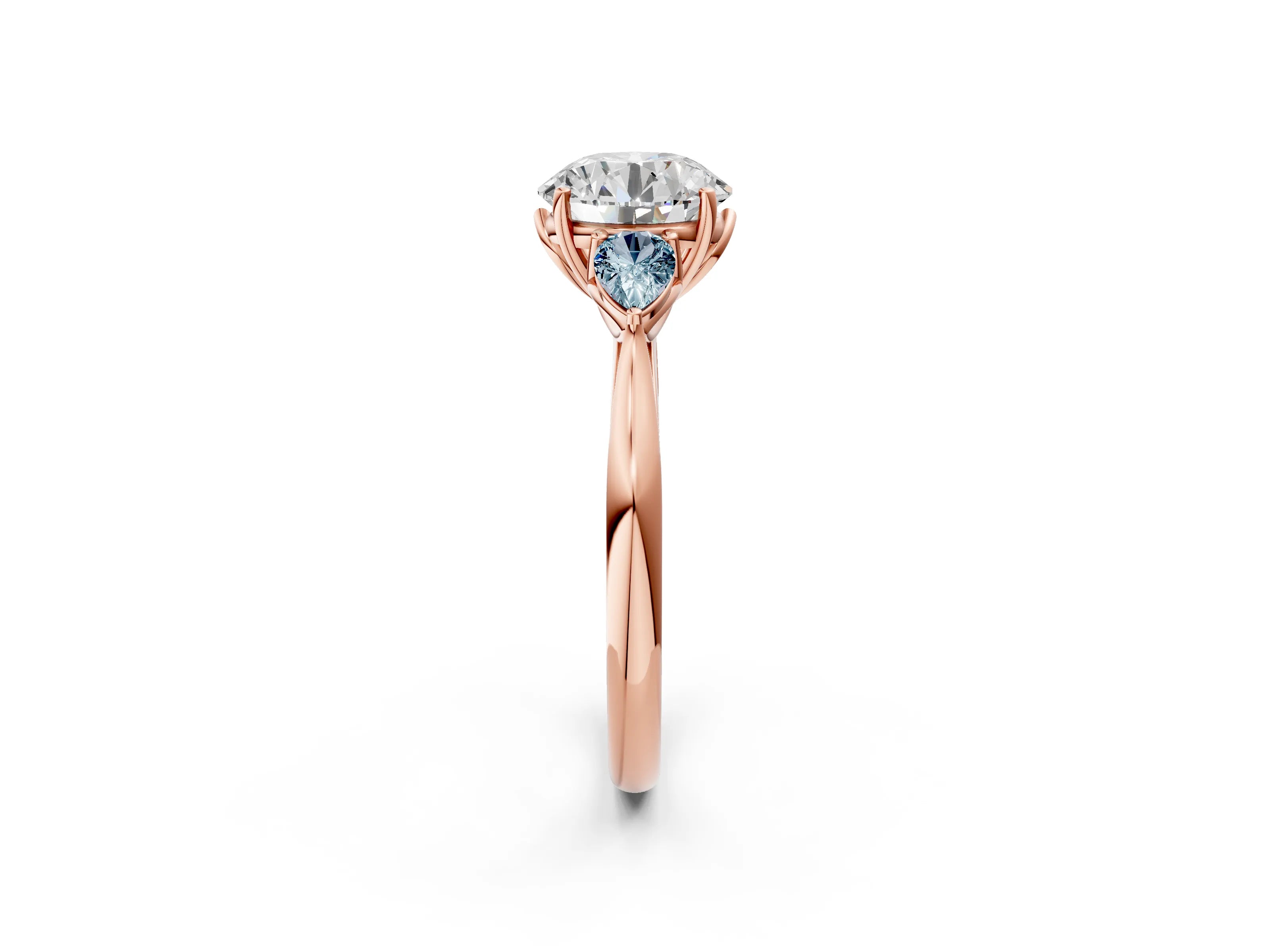 Rose gold Round Cut Diamond Three-Stone Ring with Pear with Aquamarine side stone Side Stones and Prong Setting_2