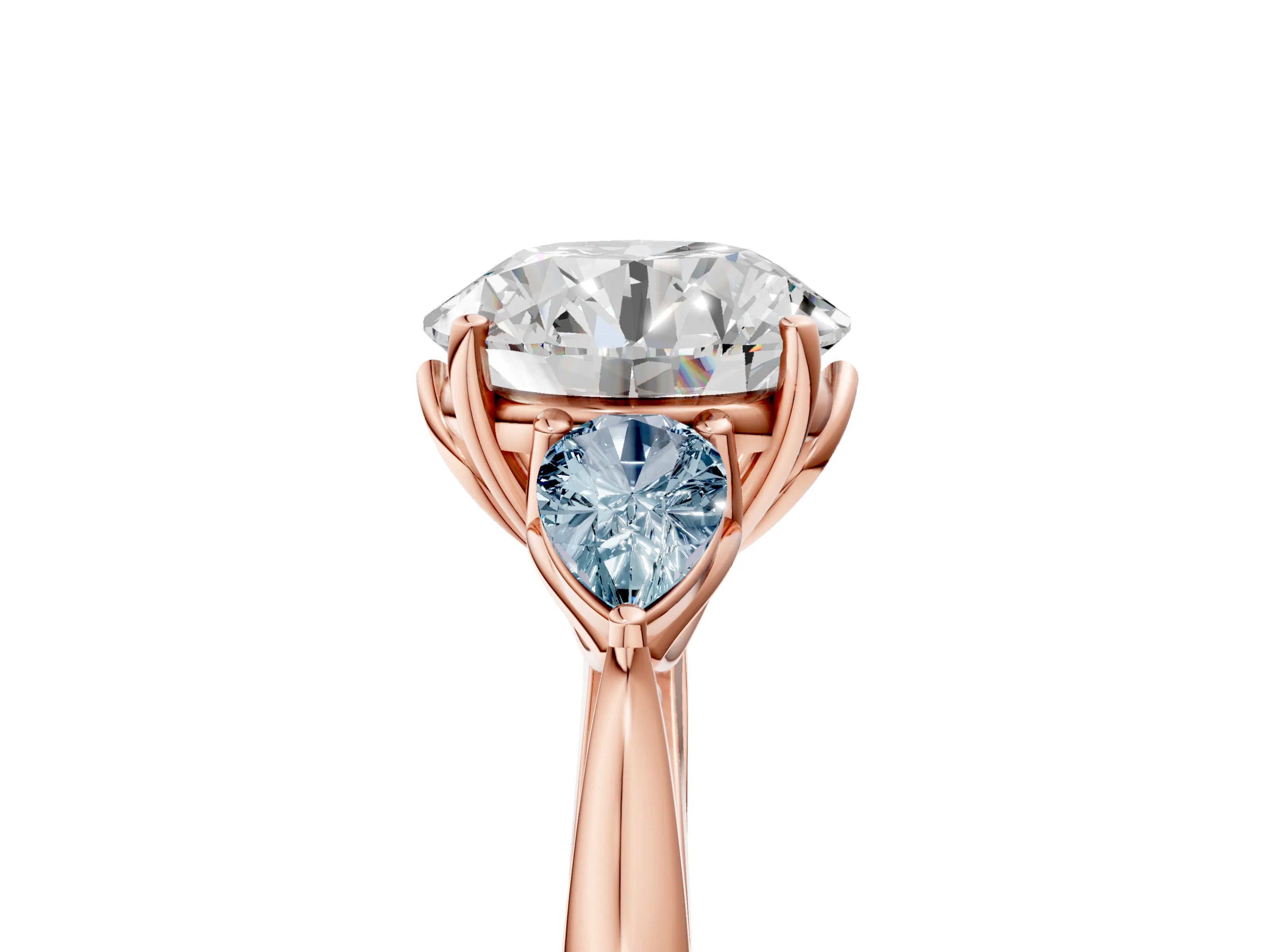 Rose gold Round Cut Diamond Three-Stone Ring with Pear with Aquamarine side stone Side Stones and Prong Setting_5