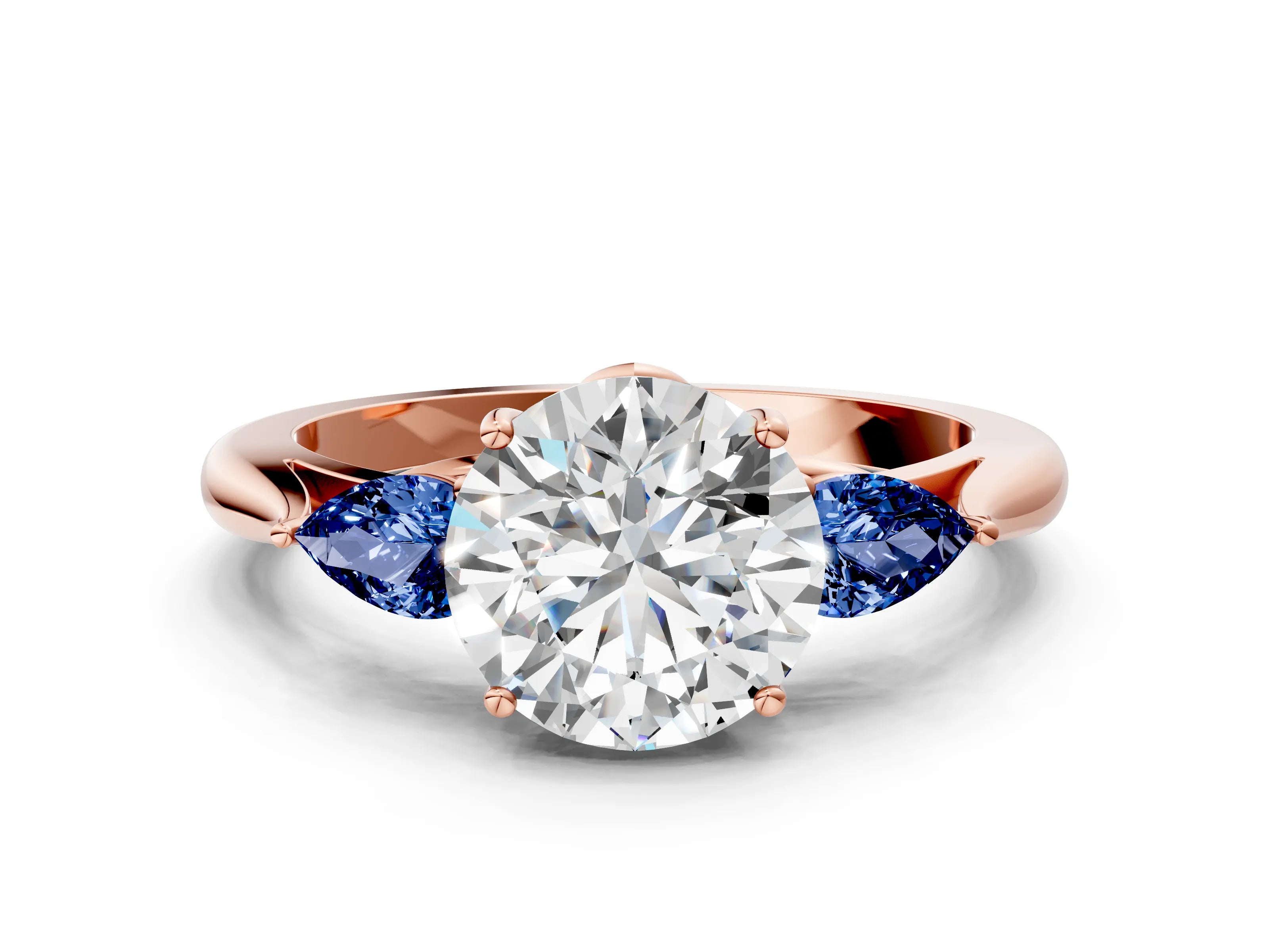 Rose gold Round Cut Diamond Three-Stone Ring with Pear with Blue Sapphire side stone Side Stones and Prong Setting