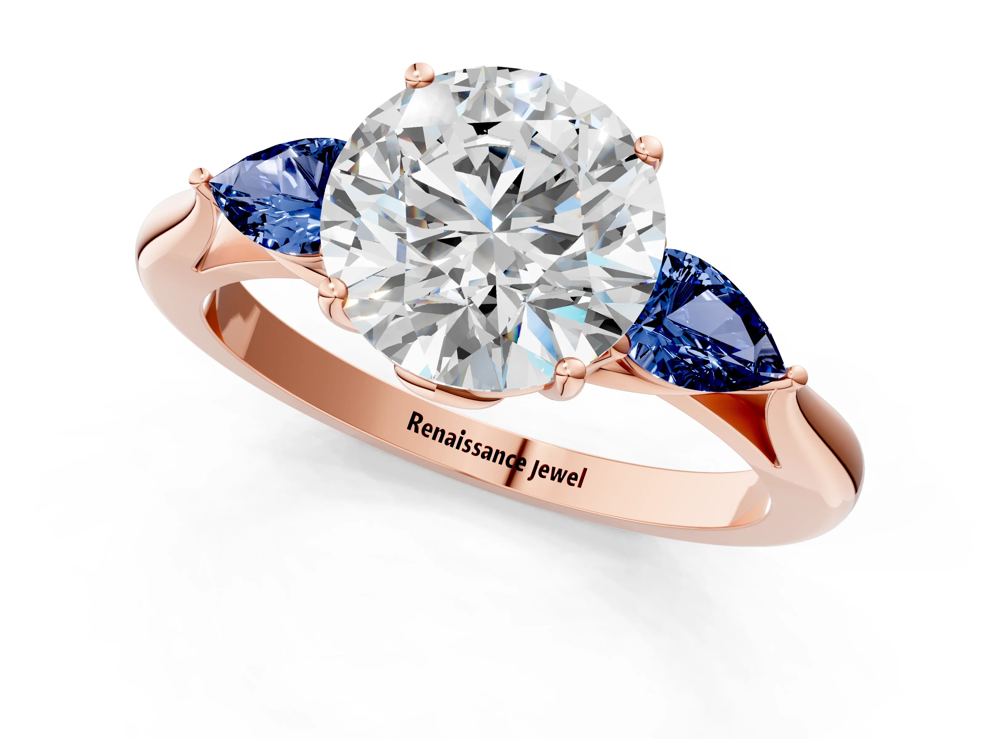 Rose gold Round Cut Diamond Three-Stone Ring with Pear with Blue Sapphire side stone Side Stones and Prong Setting_1