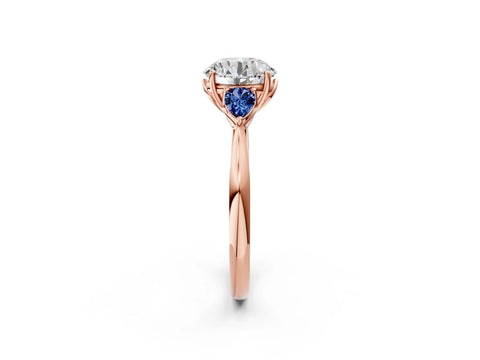 Rose gold Round Cut Diamond Three-Stone Ring with Pear with Blue Sapphire side stone Side Stones and Prong Setting_2