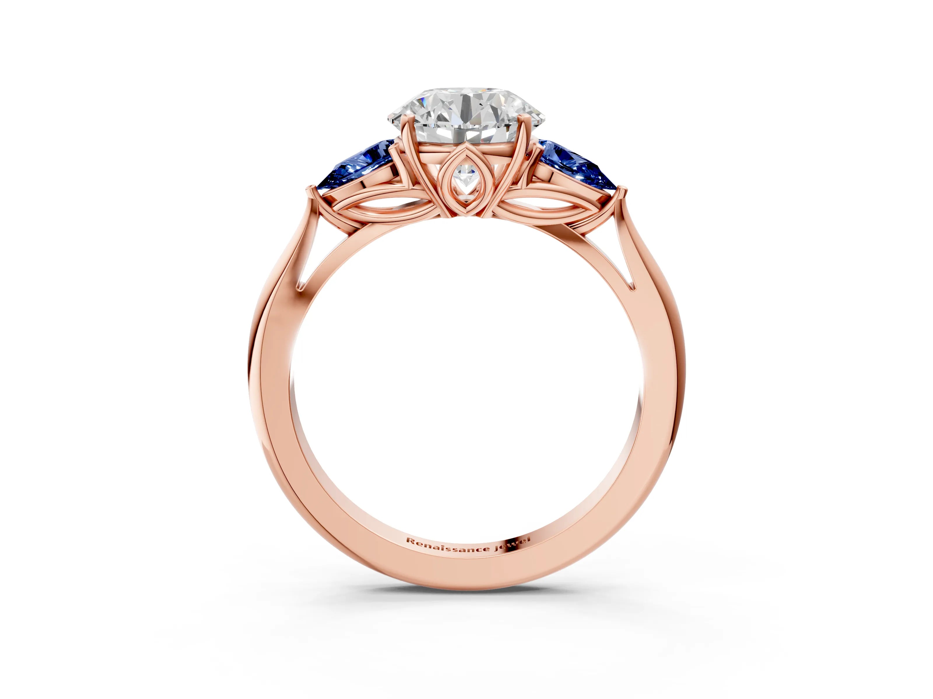 Rose gold Round Cut Diamond Three-Stone Ring with Pear with Blue Sapphire side stone Side Stones and Prong Setting_3