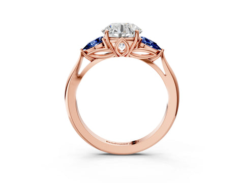 Rose gold Round Cut Diamond Three-Stone Ring with Pear with Blue Sapphire side stone Side Stones and Prong Setting_3