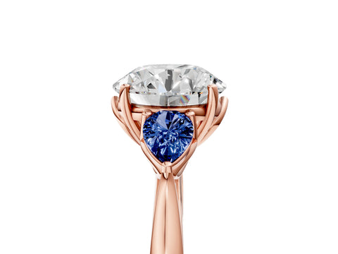 Rose gold Round Cut Diamond Three-Stone Ring with Pear with Blue Sapphire side stone Side Stones and Prong Setting_5
