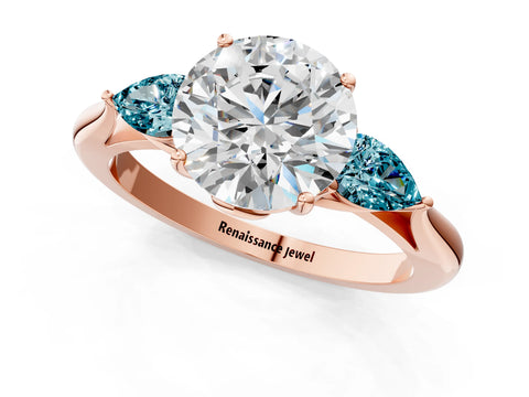 Rose gold Round Cut Diamond Three-Stone Ring with Pear with Blue Topaz side stone Side Stones and Prong Setting_1