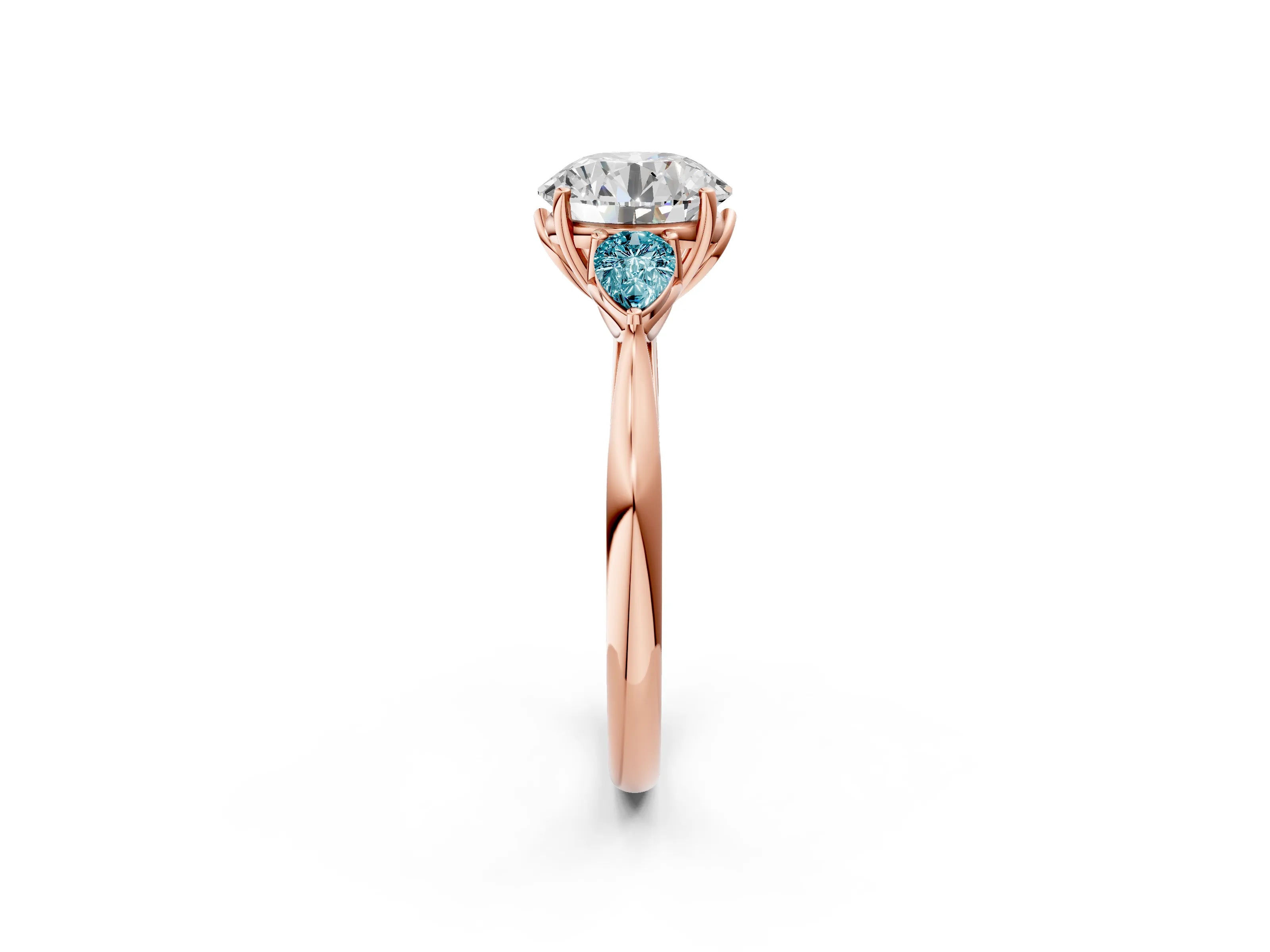 Rose gold Round Cut Diamond Three-Stone Ring with Pear with Blue Topaz side stone Side Stones and Prong Setting_2