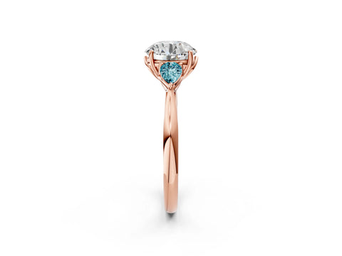 Rose gold Round Cut Diamond Three-Stone Ring with Pear with Blue Topaz side stone Side Stones and Prong Setting_2