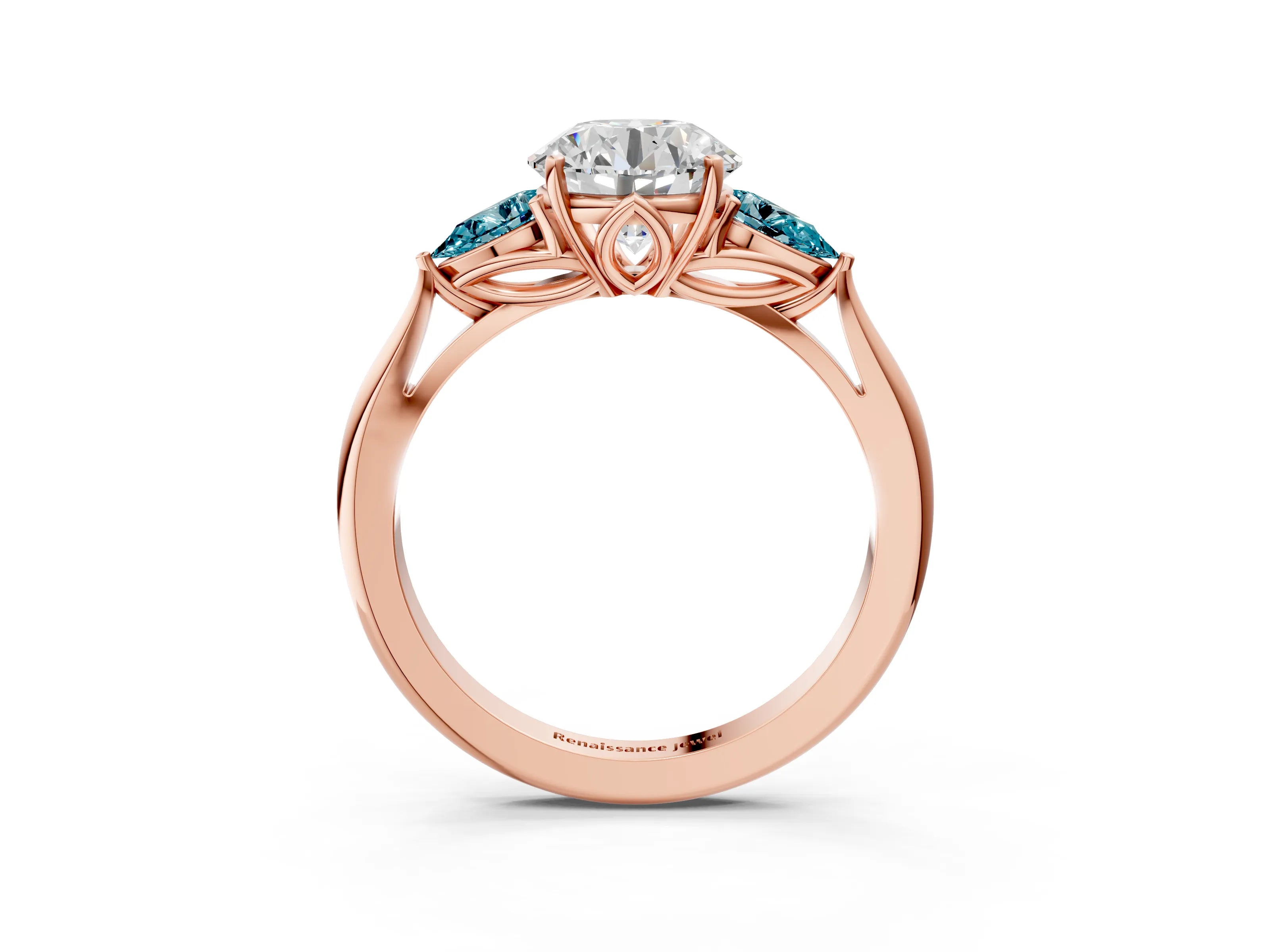 Rose gold Round Cut Diamond Three-Stone Ring with Pear with Blue Topaz side stone Side Stones and Prong Setting_3