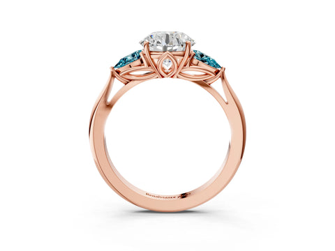 Rose gold Round Cut Diamond Three-Stone Ring with Pear with Blue Topaz side stone Side Stones and Prong Setting_3