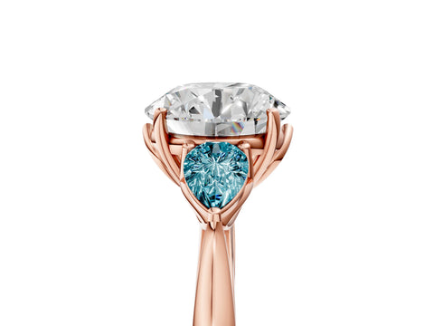 Rose gold Round Cut Diamond Three-Stone Ring with Pear with Blue Topaz side stone Side Stones and Prong Setting_5