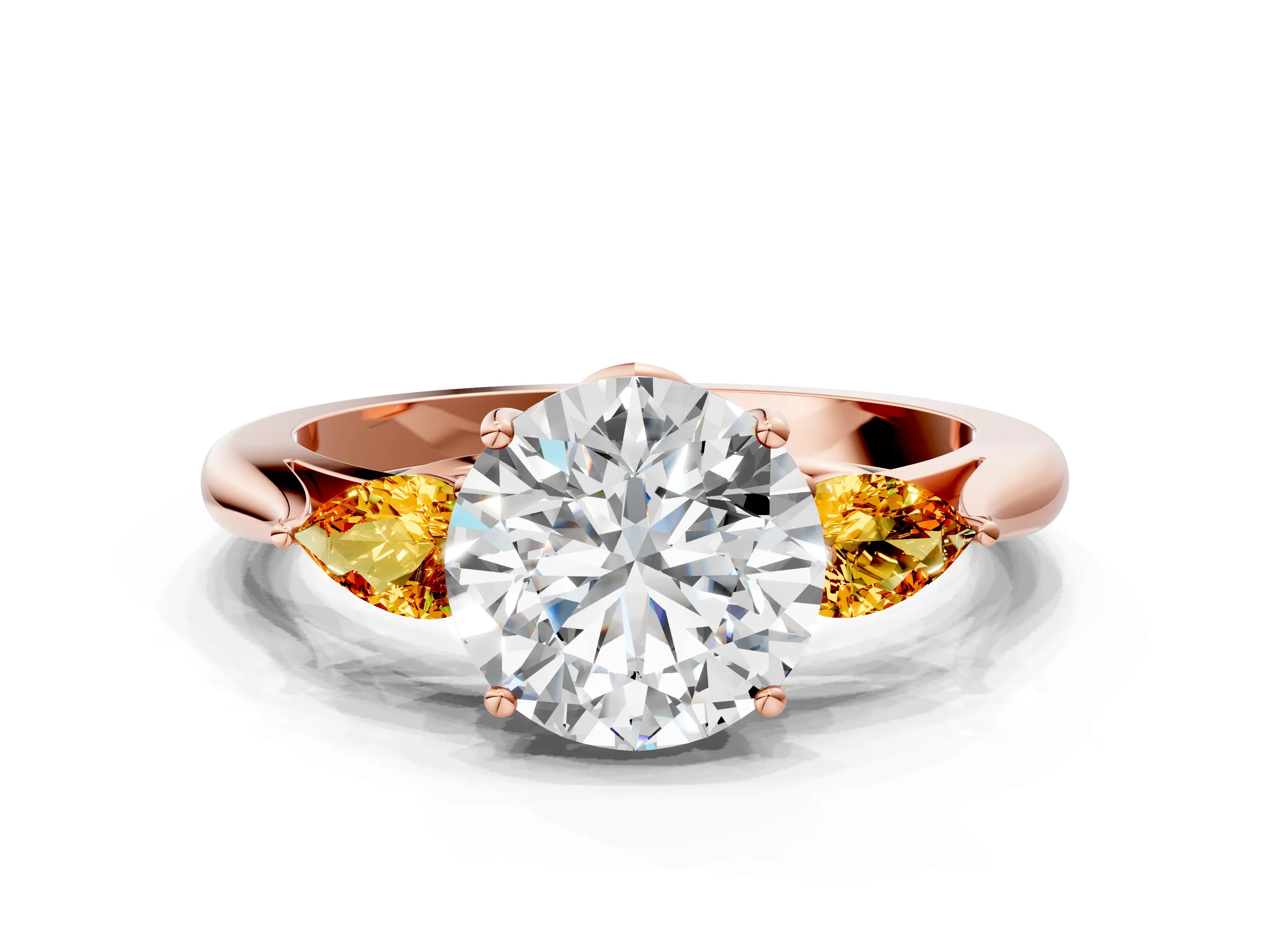 Rose gold Round Cut Diamond Three-Stone Ring with Pear with Citrine side stone Side Stones and Prong Setting