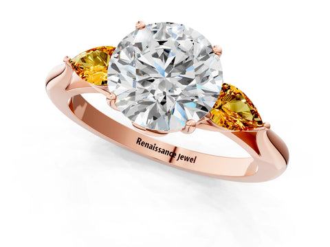 Rose gold Round Cut Diamond Three-Stone Ring with Pear with Citrine side stone Side Stones and Prong Setting_1