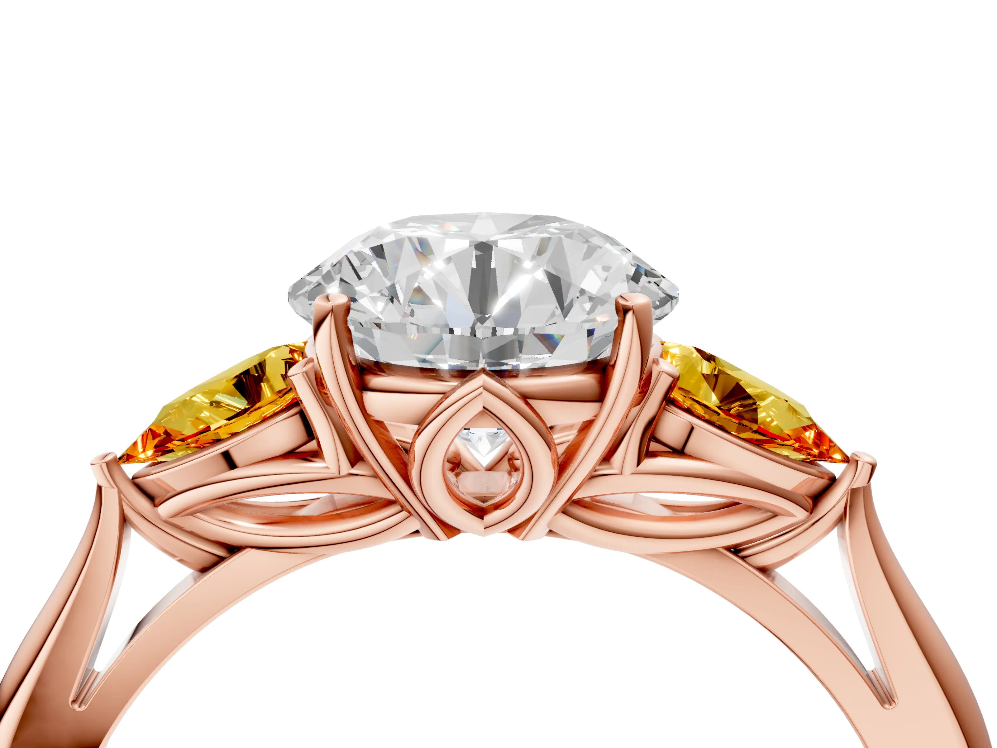 Rose gold Round Cut Diamond Three-Stone Ring with Pear with Citrine side stone Side Stones and Prong Setting_4
