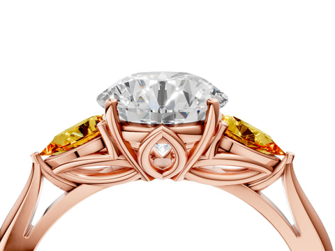 Rose gold Round Cut Diamond Three-Stone Ring with Pear with Citrine side stone Side Stones and Prong Setting_4