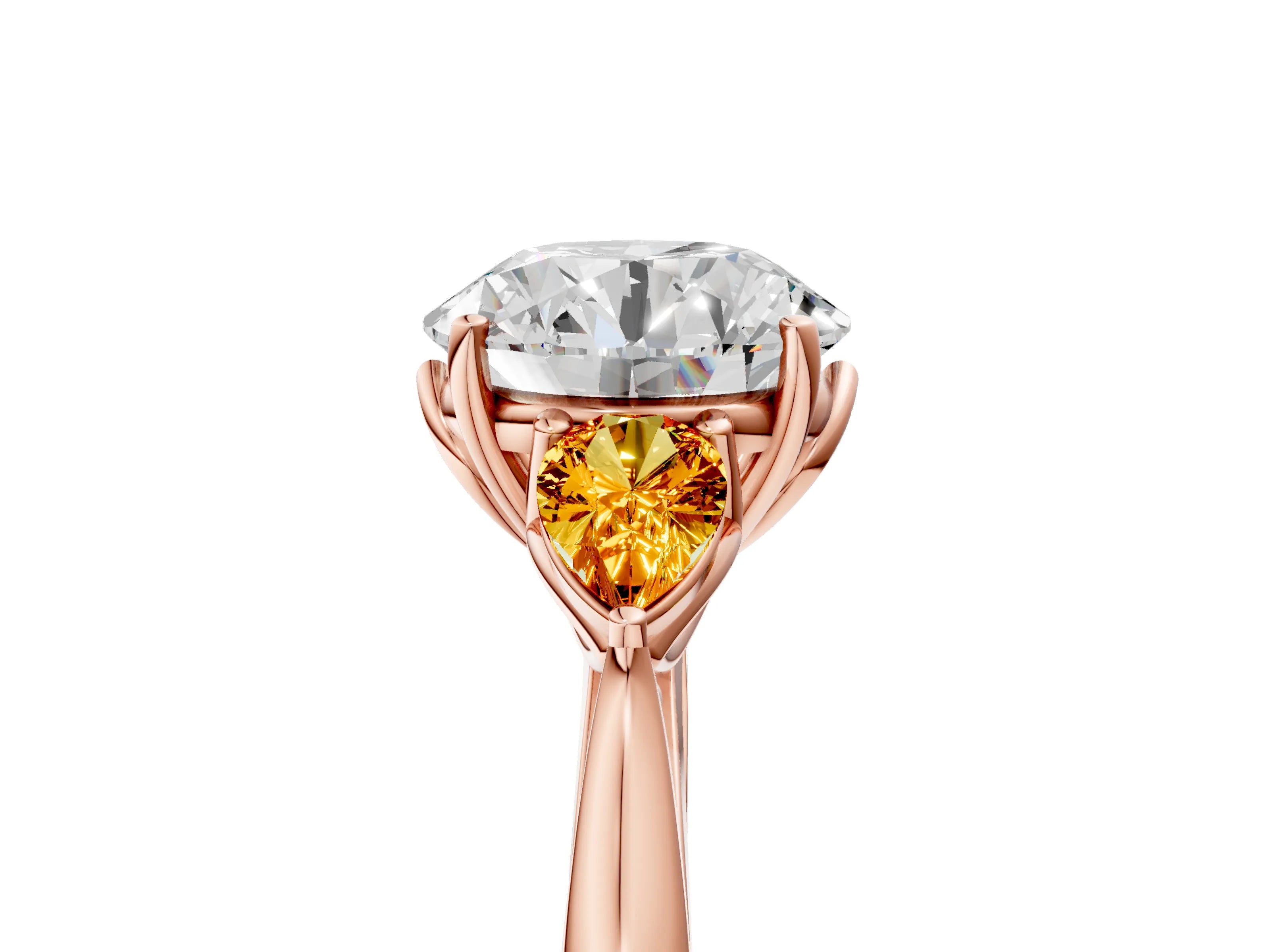 Rose gold Round Cut Diamond Three-Stone Ring with Pear with Citrine side stone Side Stones and Prong Setting_5