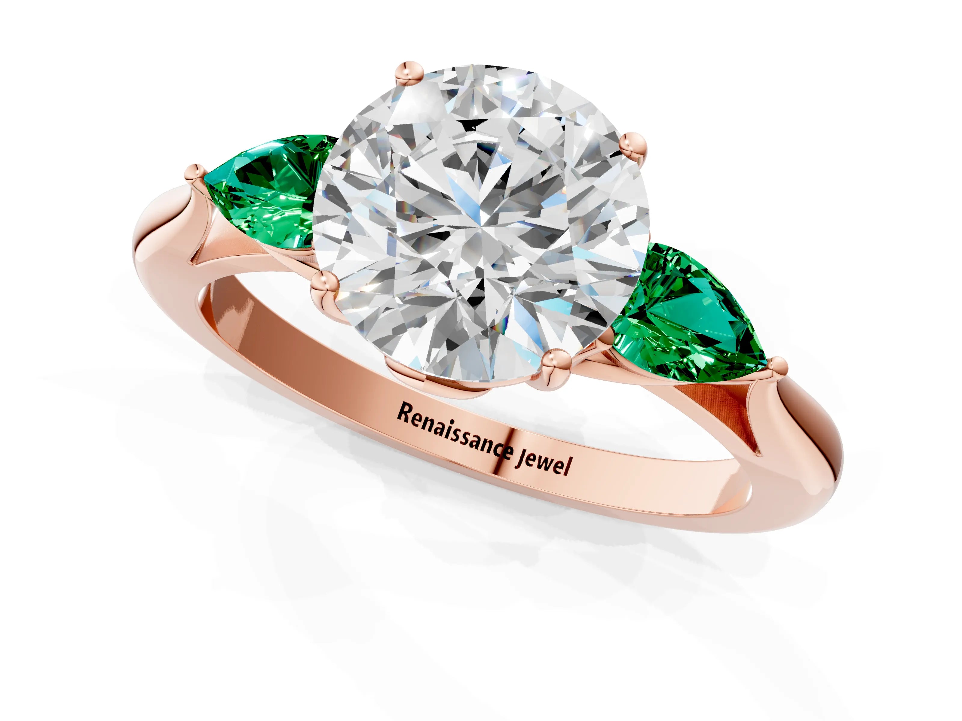 Rose gold Round Cut Diamond Three-Stone Ring with Pear with Emerald side stone Side Stones and Prong Setting_1