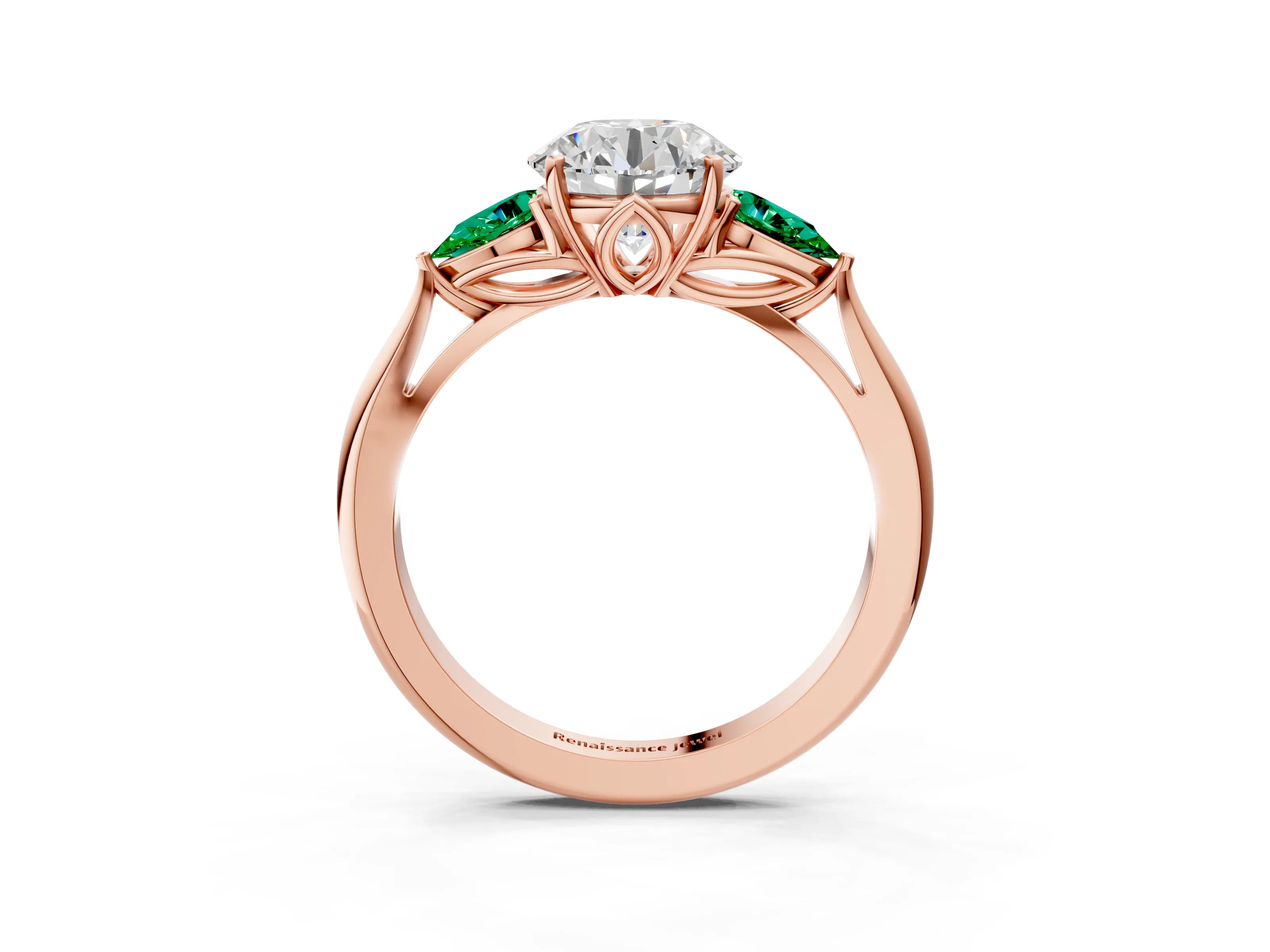 Rose gold Round Cut Diamond Three-Stone Ring with Pear with Emerald side stone Side Stones and Prong Setting_3
