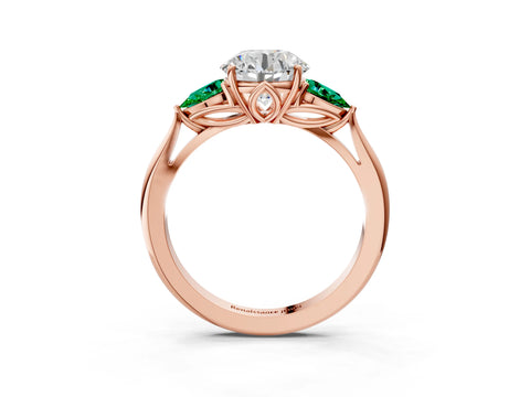 Rose gold Round Cut Diamond Three-Stone Ring with Pear with Emerald side stone Side Stones and Prong Setting_3