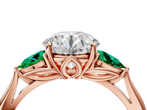 Rose gold Round Cut Diamond Three-Stone Ring with Pear with Emerald side stone Side Stones and Prong Setting_4