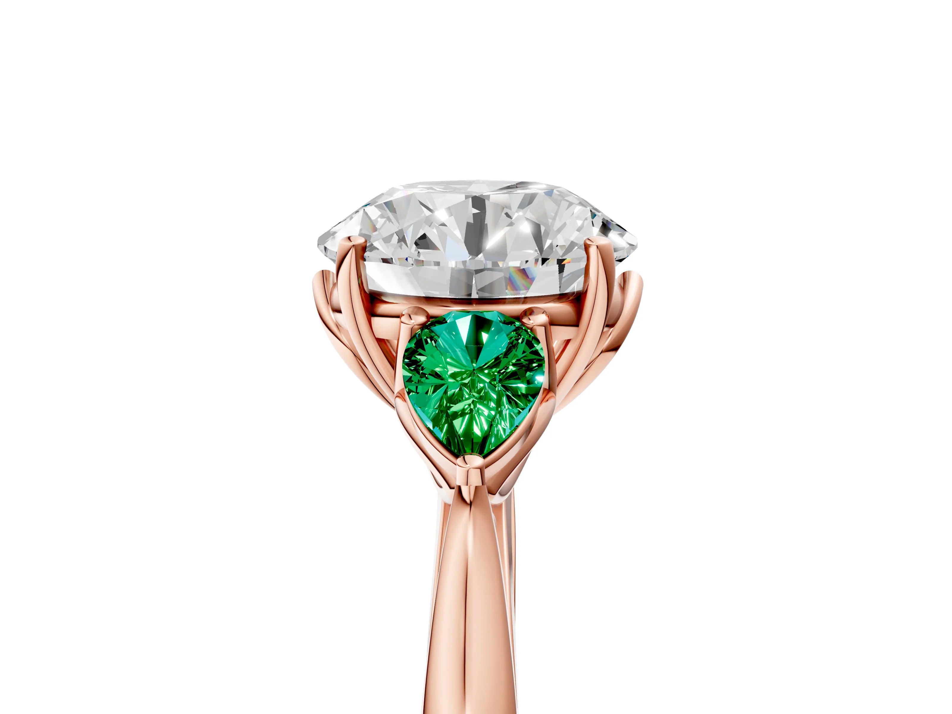Rose gold Round Cut Diamond Three-Stone Ring with Pear with Emerald side stone Side Stones and Prong Setting_5