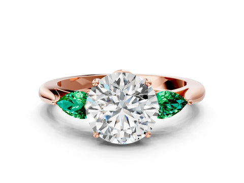 Rose gold Round Cut Diamond Three-Stone Ring with Pear with Emerald side stone Side Stones and Prong Setting