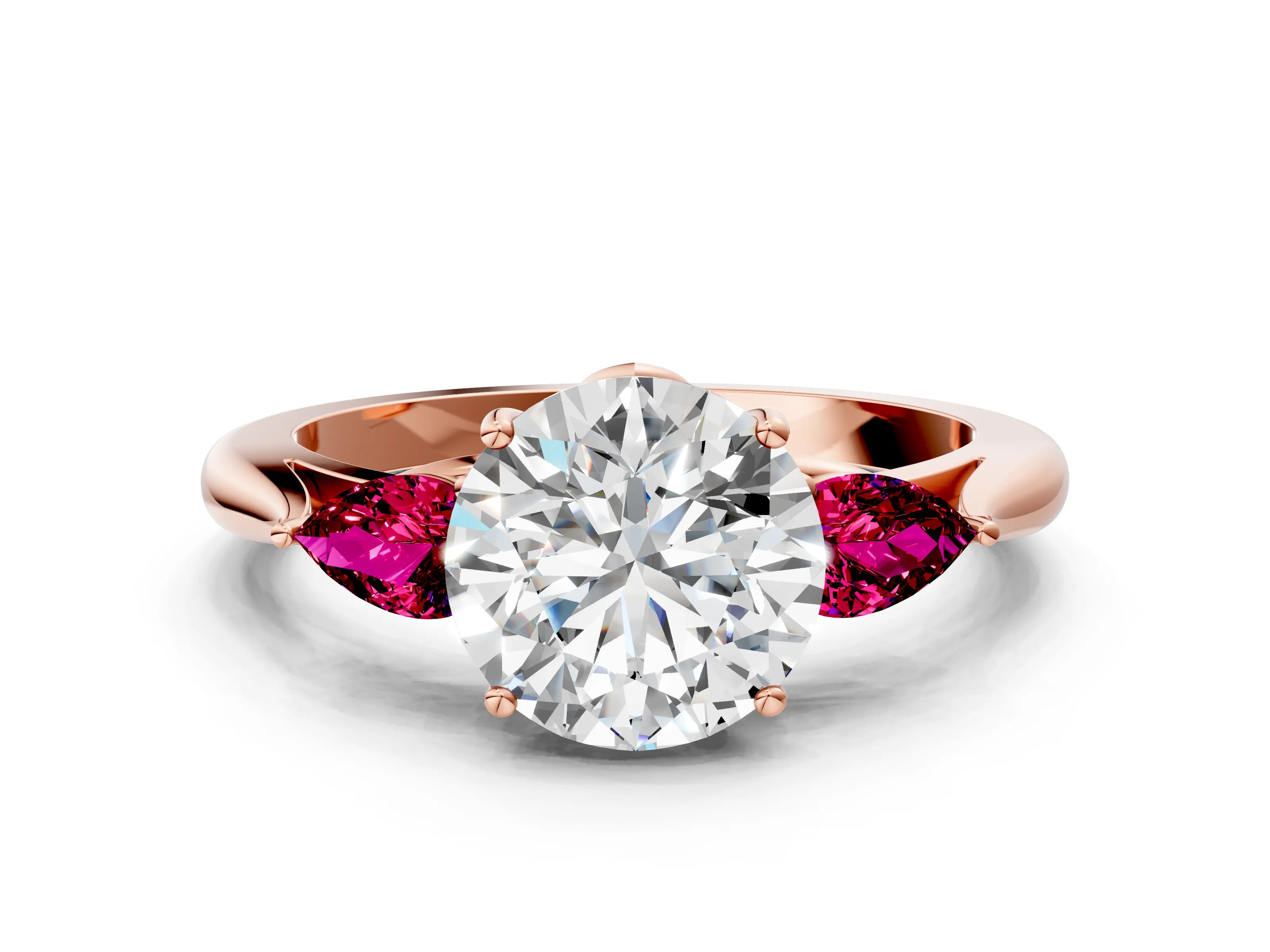 Rose gold Round Cut Diamond Three-Stone Ring with Pear with Garnet side stone Side Stones and Prong Setting
